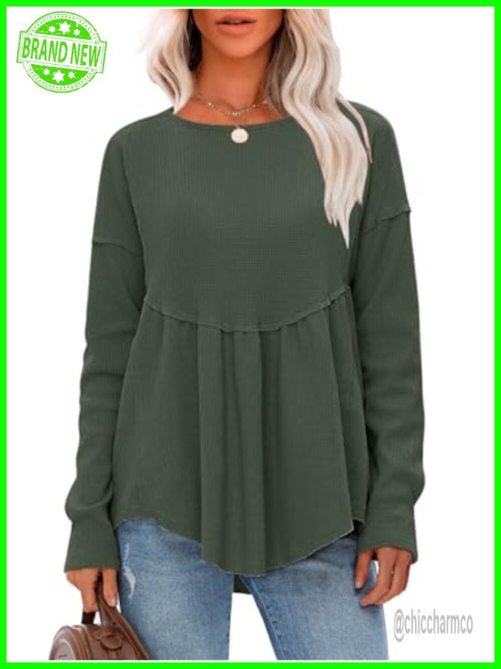 Waffle Knit Long Sleeve Tunic Top Crewneck Loose Babydoll Maternity Shirt